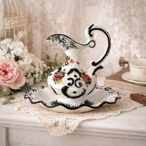 Vestal Alcobaca Portugal Pitcher Saucer Set Swan Neck Ceramic Vintage Signed